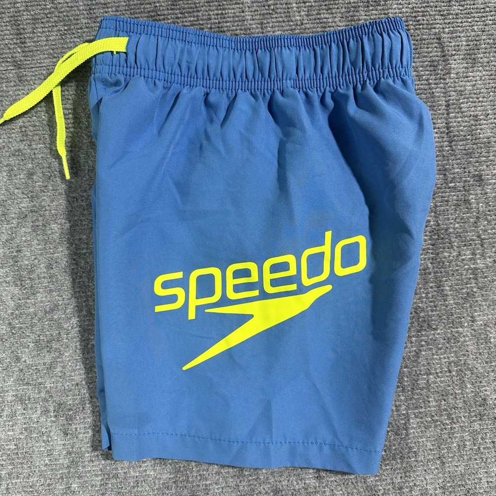 Speedo Boys XS Blue/Yellow Logo Swim Shorts Trunks Elastic Waist Drawstring